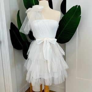 Joyfunear White One Shoulder Knot Detail Mesh Dress, Size: S